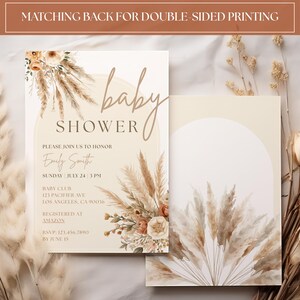 May include: Baby shower invitation with a beige background and floral accents. The invitation includes the text "baby shower", the honoree's name, date, time, and location. The back of the invitation has a matching design.