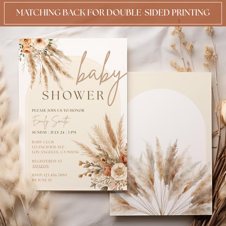 May include: Baby shower invitation with a beige background and floral accents. The invitation includes the text "baby shower", the honoree's name, date, time, and location. The back of the invitation has a matching design.