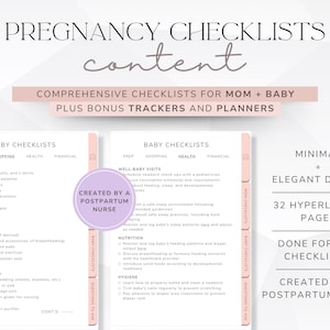 May include: A pink and purple printable checklist for pregnancy and baby checklists. The checklist includes sections for prepping, shopping, health, and financial. The text "Created by a Postpartum Nurse" is in a purple circle.