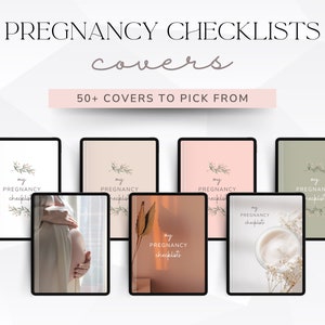 May include: A collection of digital planner covers for pregnancy checklists. The covers feature various designs, including a pregnant woman, a sunset, a cup of coffee, and floral illustrations. The text "My Pregnancy Checklists" appears on each cover.
