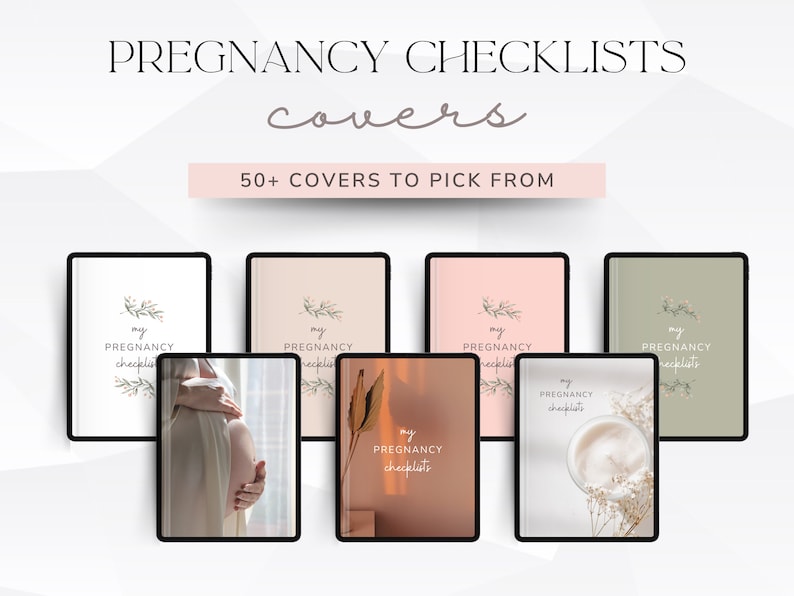 May include: A collection of digital planner covers for pregnancy checklists. The covers feature various designs, including a pregnant woman, a sunset, a cup of coffee, and floral illustrations. The text "My Pregnancy Checklists" appears on each cover.