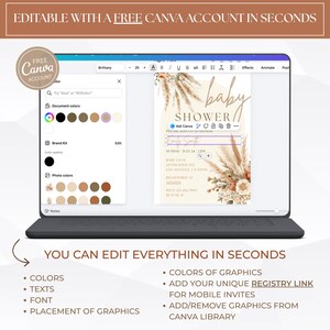 May include: A laptop screen displays a baby shower invitation template. The design features beige and brown tones with floral and pampas grass graphics. Text on the screen reads "Baby Shower" and "Editable with a Free Canva Account in Seconds."