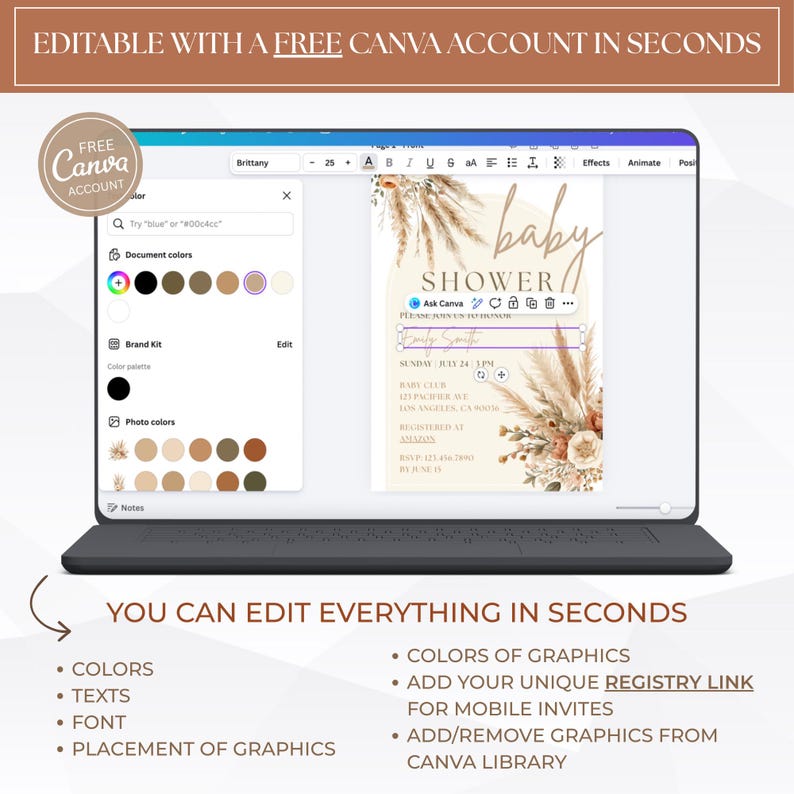 May include: A laptop screen displays a baby shower invitation template. The design features beige and brown tones with floral and pampas grass graphics. Text on the screen reads "Baby Shower" and "Editable with a Free Canva Account in Seconds."