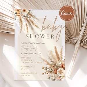 Boho Baby Shower Invitation Template, Editable Canva Baby Shower Invite, Pampas Neutral Baby Shower Invite, Printable Baby Shower Invitation