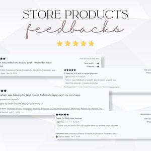 May include: Five-star reviews for a printable pregnancy planner. The reviews highlight the planner's usefulness for staying organized and calm during pregnancy. One review mentions the planner is great for first-time mothers.