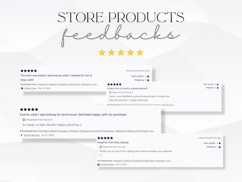 May include: Five-star reviews for a printable pregnancy planner. The reviews highlight the planner's usefulness for staying organized and calm during pregnancy. One review mentions the planner is great for first-time mothers.