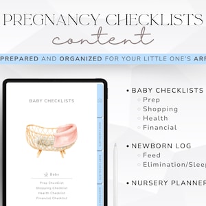 May include: A digital planner for pregnancy checklists, including baby checklists, a newborn log, and a nursery planner. The planner features a watercolor illustration of a baby crib.