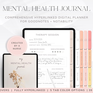 Puede incluir: Un planificador digital para Goodnotes y Notability, titulado "Mental Health Journal". El planificador tiene un esquema de color rosa y blanco y presenta una página de sesión de terapia con una fecha, el nombre del terapeuta, la información de contacto y un rastreador de estado de ánimo. El planificador también incluye pestañas para la autorreflexión y el autocuidado.