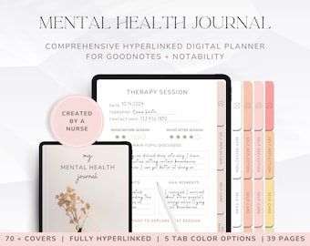 Digital Self Care Planner, Mental Health Journal Printable, Hyperlinked Mindfulness Journal, Therapist Gift, Anxiety Journal, Therapy Log