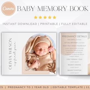Pode incluir: Um livro de memórias para bebês com o texto "Baby Memory Book" e "Olivia Wilson my first year". O livro apresenta uma foto de um recém-nascido usando uma roupa de malha. O livro tem 29,2 x 20,3 cm.