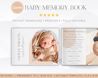 Plantilla de libro de recuerdos digital para bebés, diario imprimible de hitos del primer año, editable en Canva, plantilla moderna de libro de recuerdos para bebés, regalo para mamá