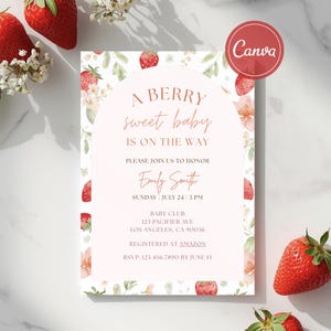 Editable Berry Sweet Baby Shower Invitation, Canva Strawberry Invite, Summer Baby Shower Digital Invite, Berry Fruit Baby Shower Evite