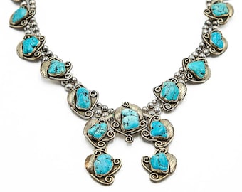Vintage Navajo Squash Blossom sterling silver & turquoise 27" 290g