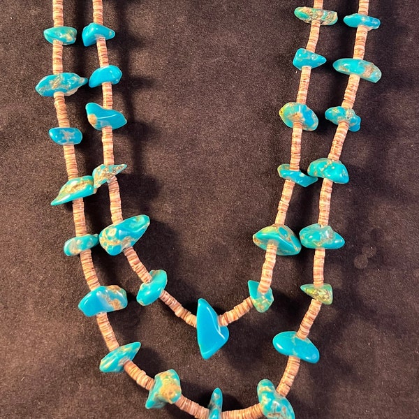 Native American double strand heishi shell & bright blue turquoise necklace 21"-23" long
