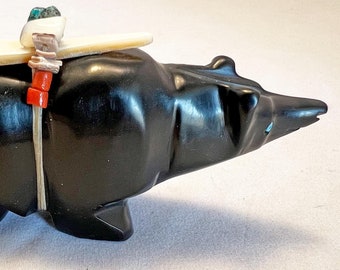 Handmade Jet bear fetish with medicine bundle by Julie Norton Navajo