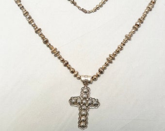Beautiful Vintage Sterling Silver handmade bench bead necklace with cross 24.5"