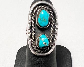 Vintage Navajo double turquoise nugget sterling silver ring size 7.5
