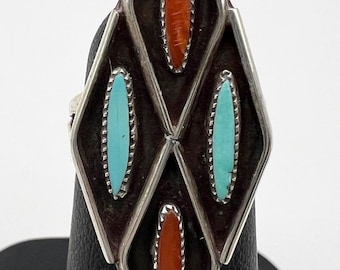 Vintage Zuni Diamond shaped sterling ring with coral & turquoise size 5 signed