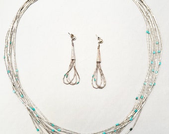 Vintage 10 Strand liquid silver & turquoise necklace with earrings 24"