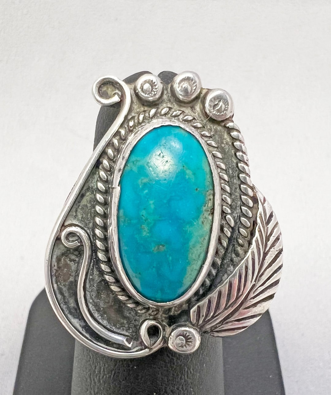 Vintage Navajo Turquoise & Sterling Silver Ring With Leaf Design Size 6 ...