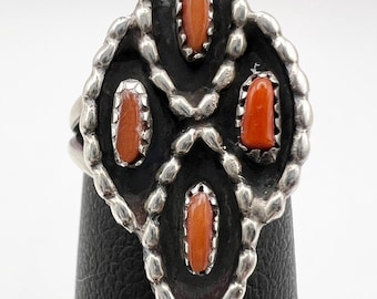 Native American Zuni coral and sterling silver diamond shaped ring size 3.5