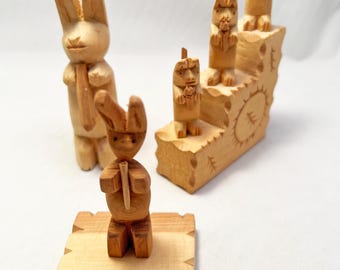 Alice Mondragon wooden squirrel & rabbit carvings Cordova, NM