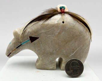 Marble Bear medicine bundle inlaid turquoise pipestone jet coral spiny oyster