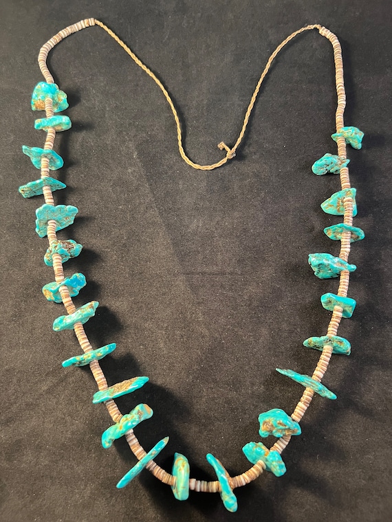 Vintage Long Heishi shell & turquoise tab necklace