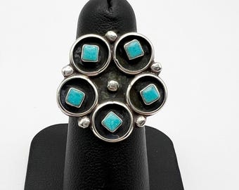 Native American Zuni turquoise sterling silver flower ring size 7.5 signed