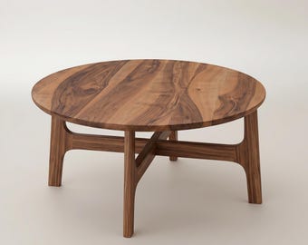 Walnut Wood Round Coffee Table, Modern Round Marble Center Table, Custom Size, Living Room Furniture, Elegant Minimalist Design
