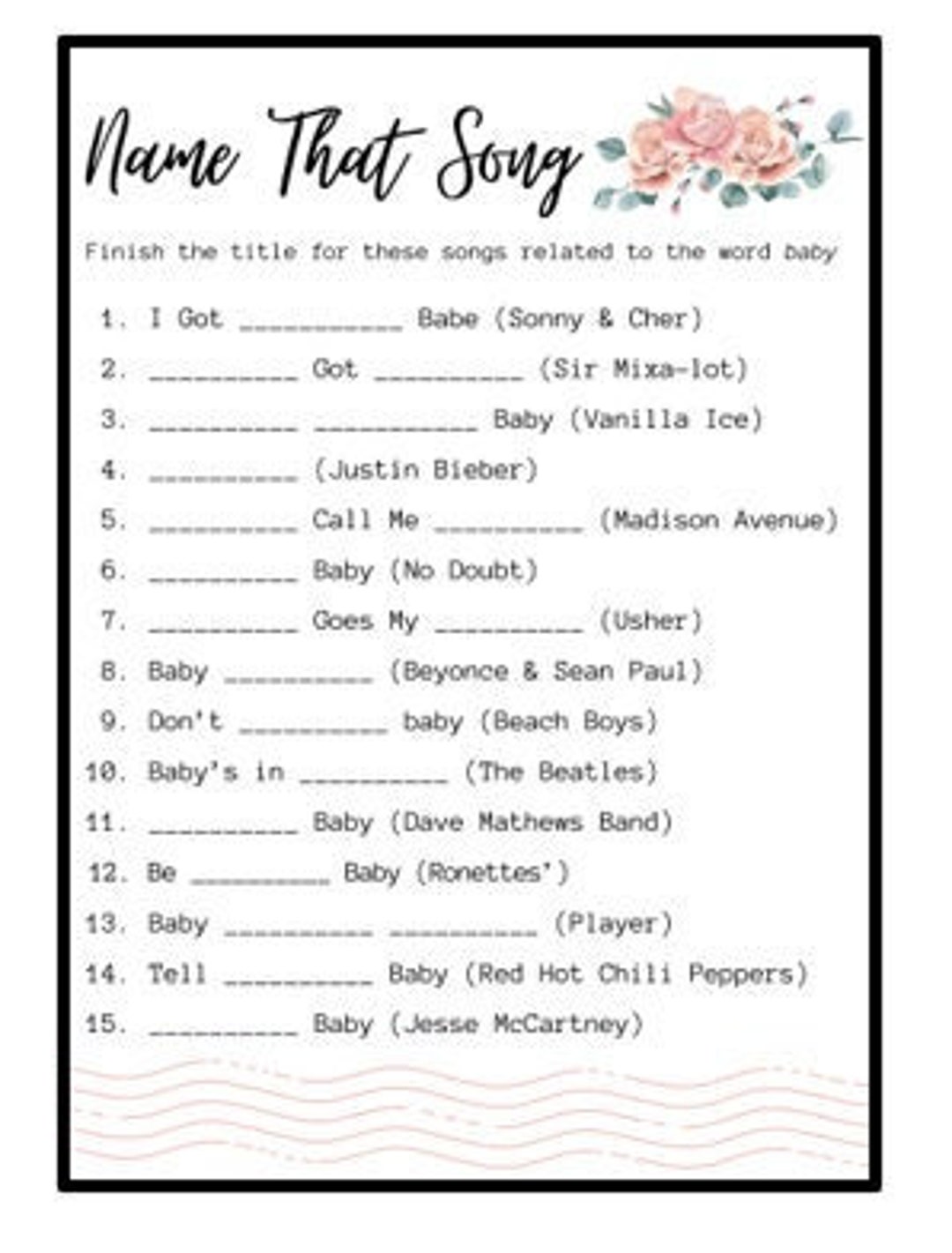 Rose Theme Baby Shower Game Finish That Song - Etsy