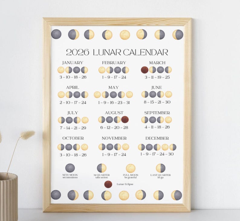 2026 Lunar Calendar Printable: Moon Phases Reference (A4/US Letter PDF ...