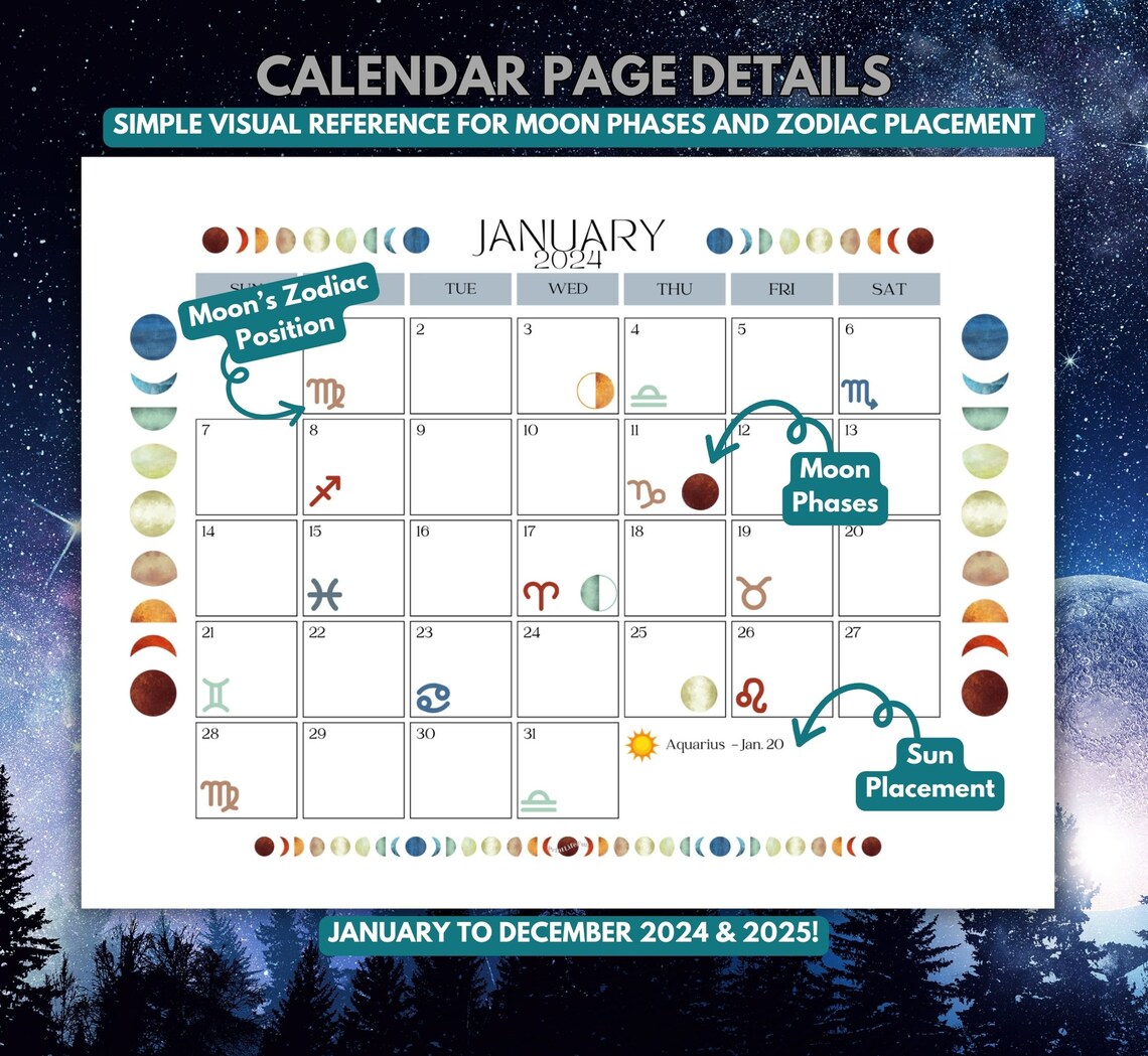 2024 2025 Moon Calendar, Printable Instant Download PDF, Colourful Visual Lunar Planner, A4 A5