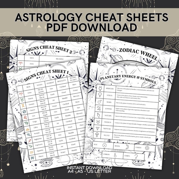 Astrology Cheat Sheets for Zodiac Signs and Planets Printable Instant Download PDF, Zodiac Reference Pages