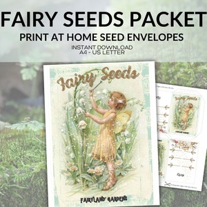 Pacote de sementes de fadas para impressão em PDF download instantâneo, envelopes para salvar sementes DIY, pacotes de sementes de ilustração de fadas vintage, envelope para presente de sementes