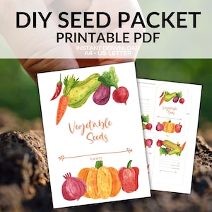Envelopes para impressão de pacote de sementes de vegetais em aquarela DIY, download instantâneo PDF, carta A4 US, sementes de vegetais