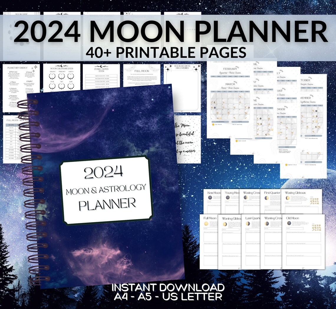 Printable 2024 Moon and Astrology Planner Full Moon New Moon Dates PDF