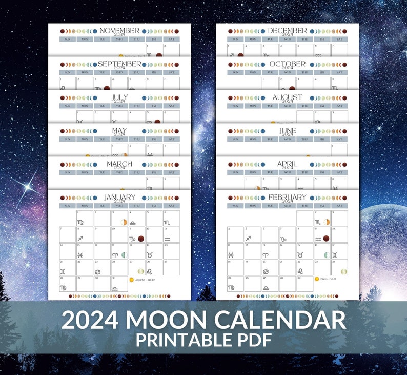 2024 Moon Calendar Printable Instant Download PDF Colourful Etsy