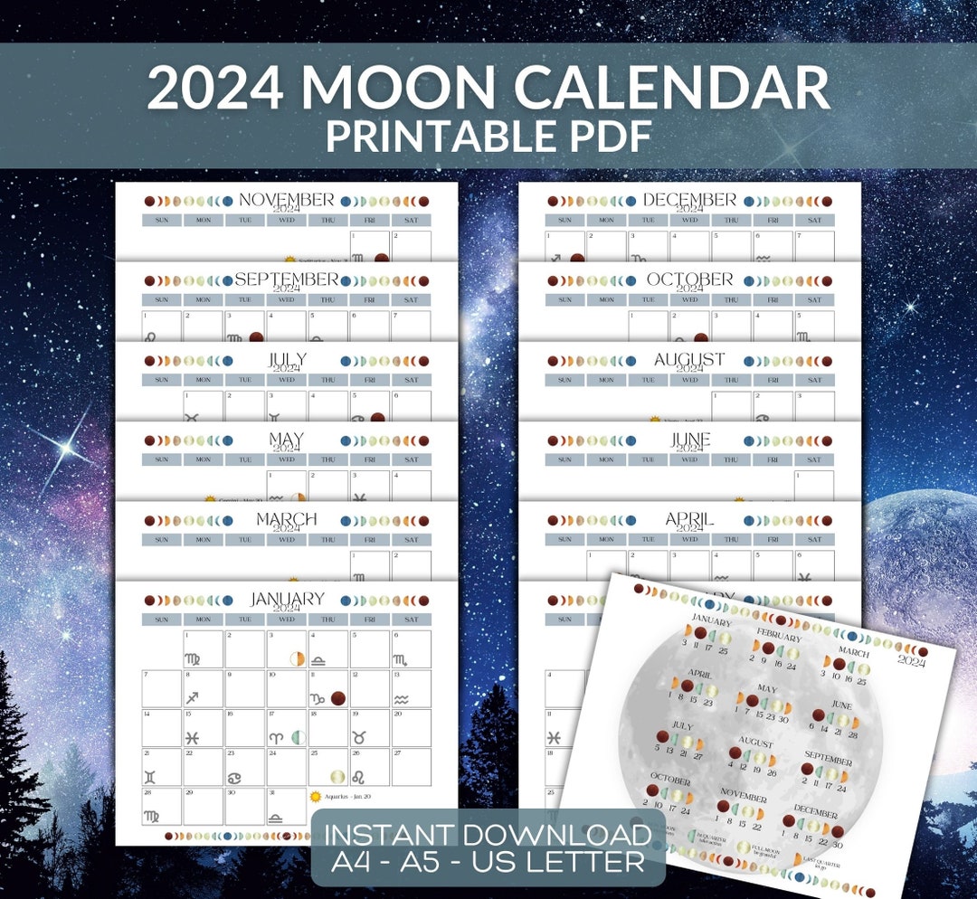 2024 Moon Calendar Printable Instant Download PDF Colourful Etsy
