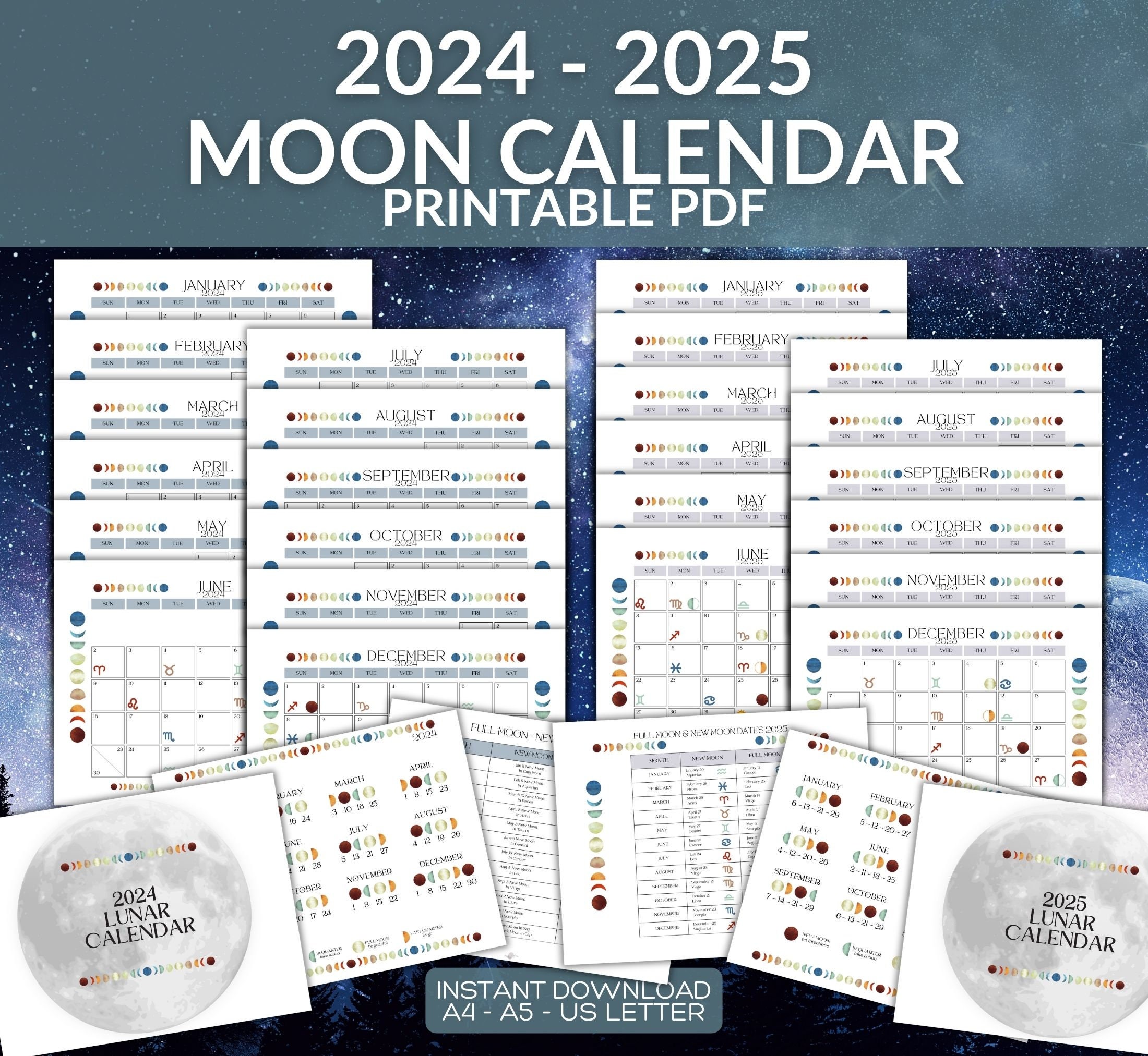 2025 2025 Moon Calendar, Printable Instant Download PDF, Colourful