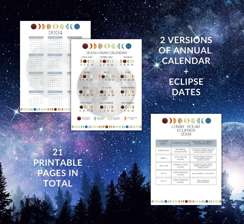 2024 Moon Calendar, Printable Instant Download PDF, Colourful Lunar and