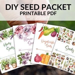 Pacotes de sementes imprimíveis, envelopes de sementes de ervas de flores vegetais em aquarela, tamanho A4 e carta dos EUA, presentes para jardineiros e pais de plantas
