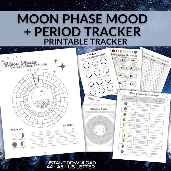 Moon Phase Mood And Period Tracker Printable, Circular Monthly Mood Chart, Lunar Phase Period Tracker, Moon Mood Tracker, Period Tracker PDF