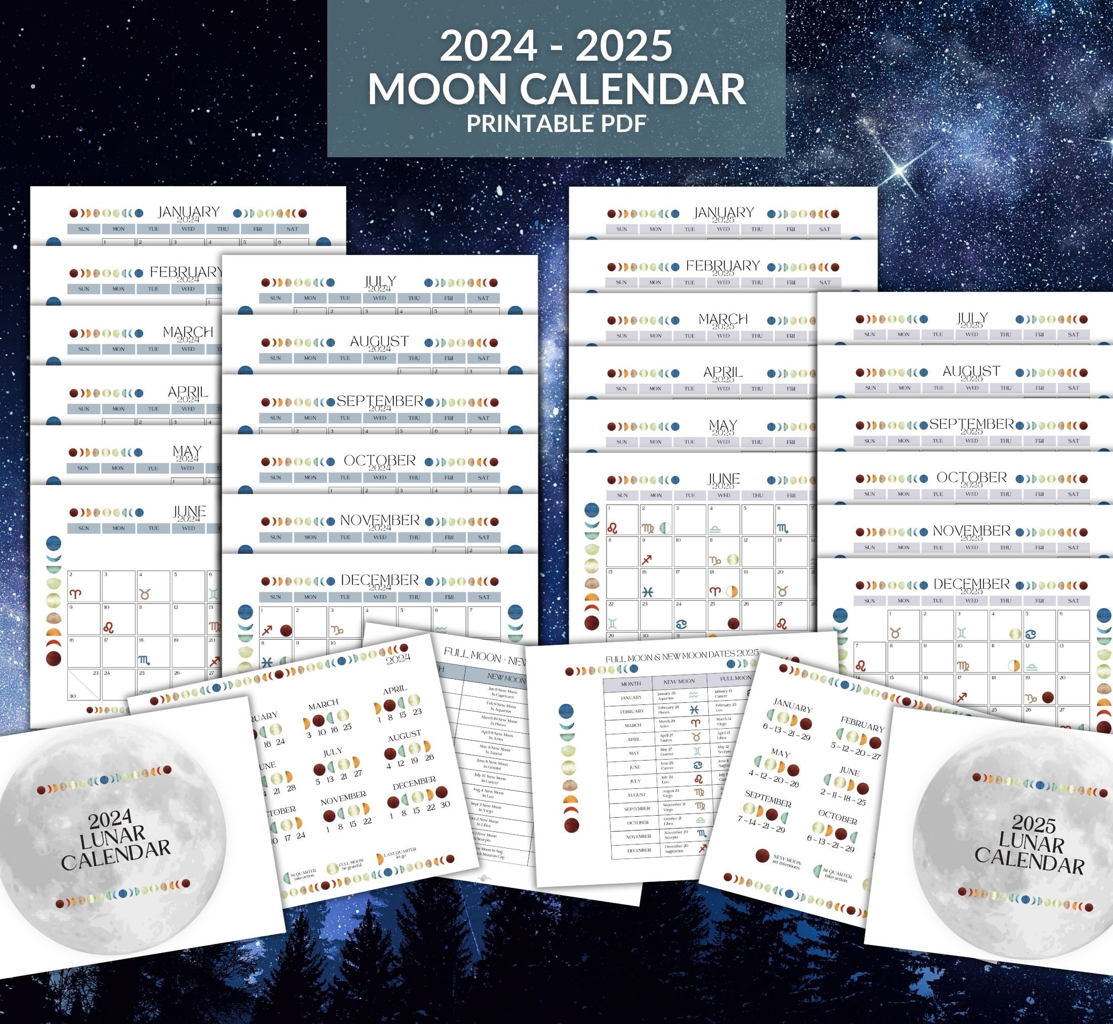 2024 2025 Moon Calendar, Printable Instant Download PDF, Colourful