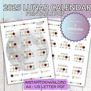 2025 Mondkalender Printable: Mondphasen Referenzbild (A4/US Letter PDF)