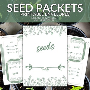 Puede incluir: Sobres imprimibles para paquetes de semillas en tamaños A4 y US Letter. Los sobres presentan un diseño floral verde y el texto "seeds" y "Variety".
