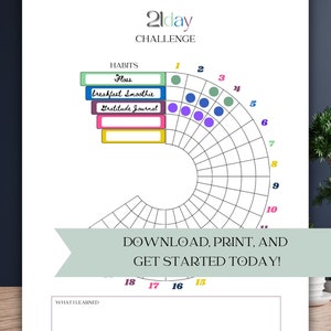 Pu&ograve; includere: Un tracker di sfida di 21 giorni stampabile con una griglia circolare per segnare le abitudini quotidiane. Le abitudini elencate sono "Usare il filo interdentale", "Smoothie per la colazione" e "Diario di gratitudine". Il tracker include una sezione per "Cosa ho imparato".