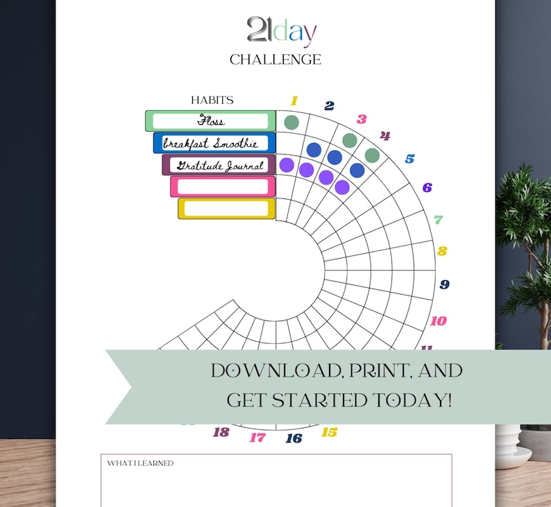 Pu&ograve; includere: Un tracker di sfida di 21 giorni stampabile con una griglia circolare per segnare le abitudini quotidiane. Le abitudini elencate sono "Usare il filo interdentale", "Smoothie per la colazione" e "Diario di gratitudine". Il tracker include una sezione per "Cosa ho imparato".