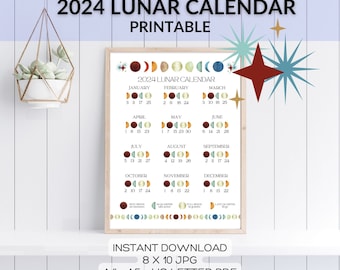 Póster imprimible del calendario lunar 2024 con fechas de fases lunares en colores y diseño retro, 8x10 JPG, A4 A5 tamaño carta estadounidense PDF, descarga instantánea