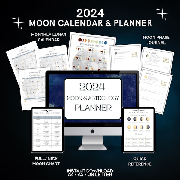 Agenda 2024 Lune et astrologie imprimable Dates de la nouvelle lune pleine lune PDF à téléchargement immédiat Journal lunaire Eclipse rétrograde planètes signes du zodiaque